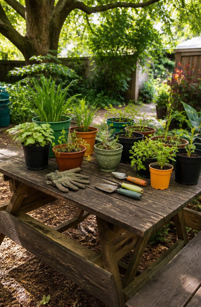 A picnic table displaying labeled pots of various plants.