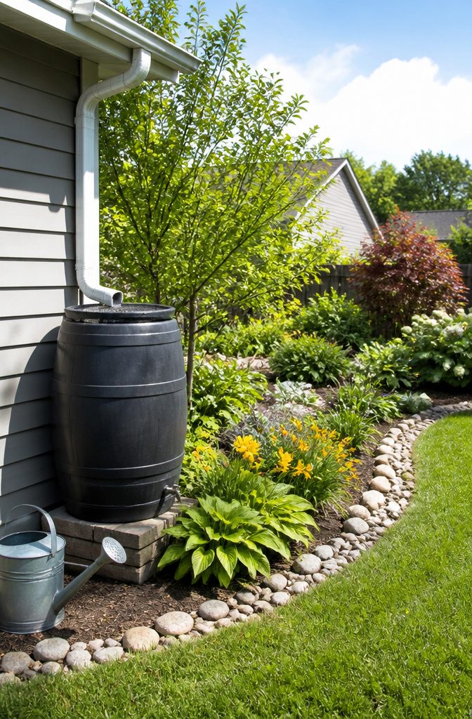 A 55-gallon rain barrel placed under a downspout.
