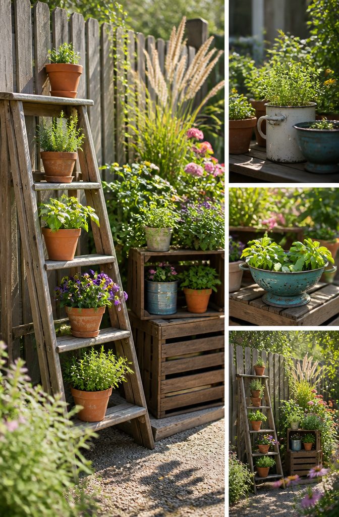 Repurposed items including a tire and wooden crates used as planters.