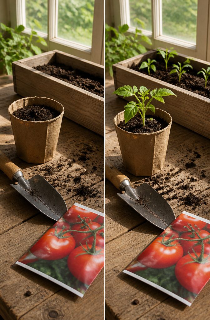 A packet of tomato seeds with a few seeds visible.