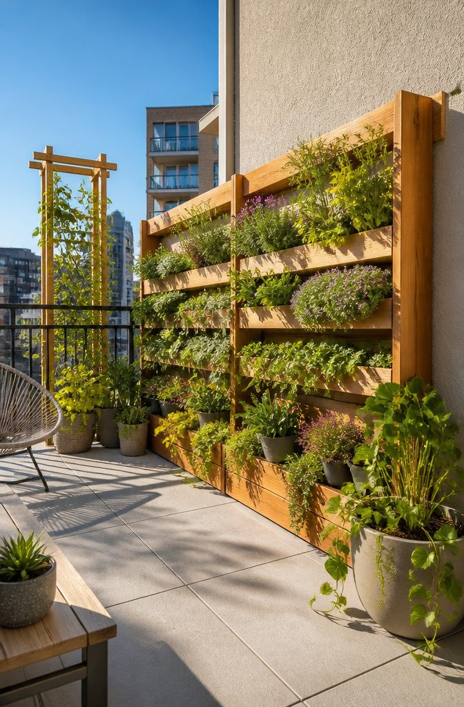 A wooden vertical garden frame filled with herbs.