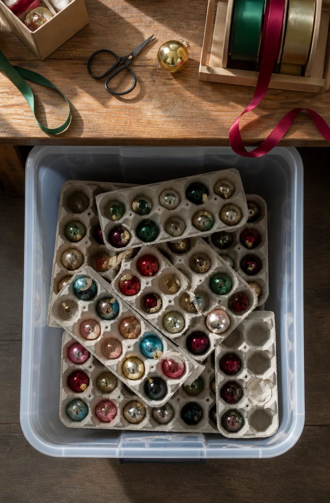 20 Clever Home Storage Ideas for Every Room in 2026 8 Egg cartons filled with glass Christmas ornaments stacked in a bin.