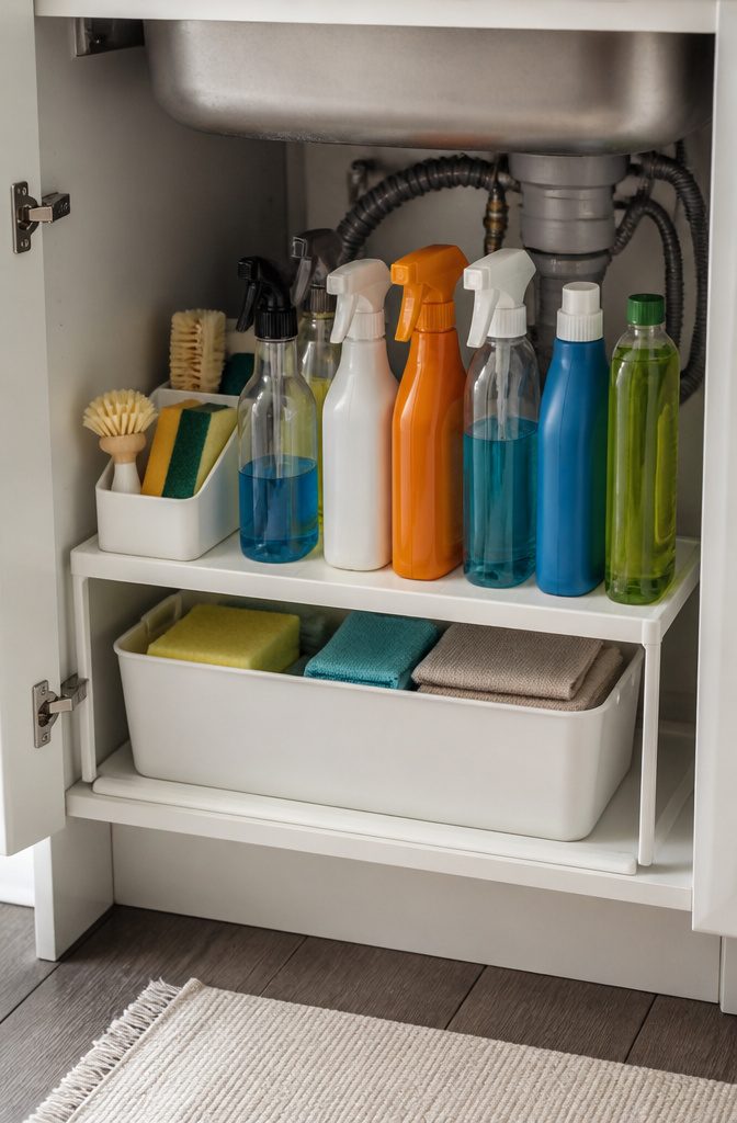 20 Clever Home Storage Ideas for Every Room in 2026 14 Cleaning supplies neatly arranged on a VARIERA shelf under a sink.