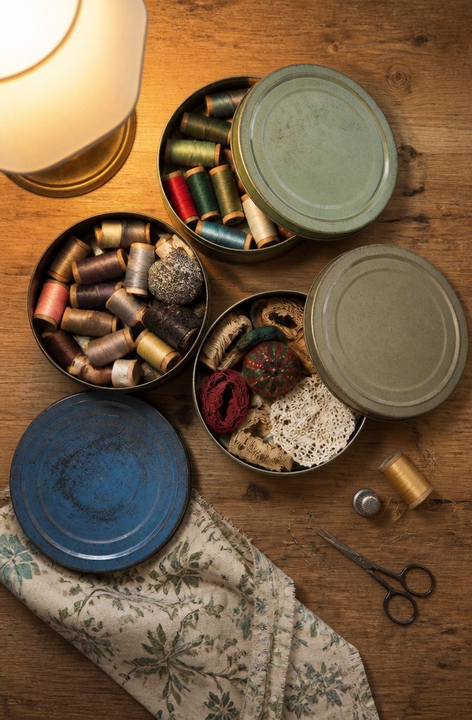 20 Clever Home Storage Ideas for Every Room in 2026 12 Metal cookie tins storing sewing threads and supplies in a drawer.