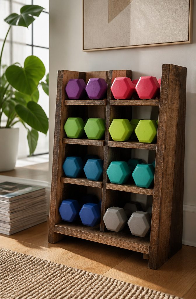 20 Clever Home Storage Ideas for Every Room in 2026 7 Dumbbells stored upright in a wooden wine rack.