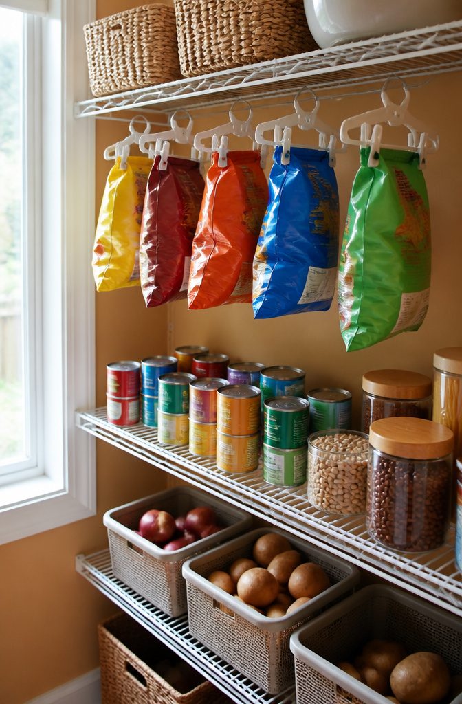 20 Clever Home Storage Ideas for Every Room in 2026 1 Chip bags hanging from clips on a wire shelf in a pantry.