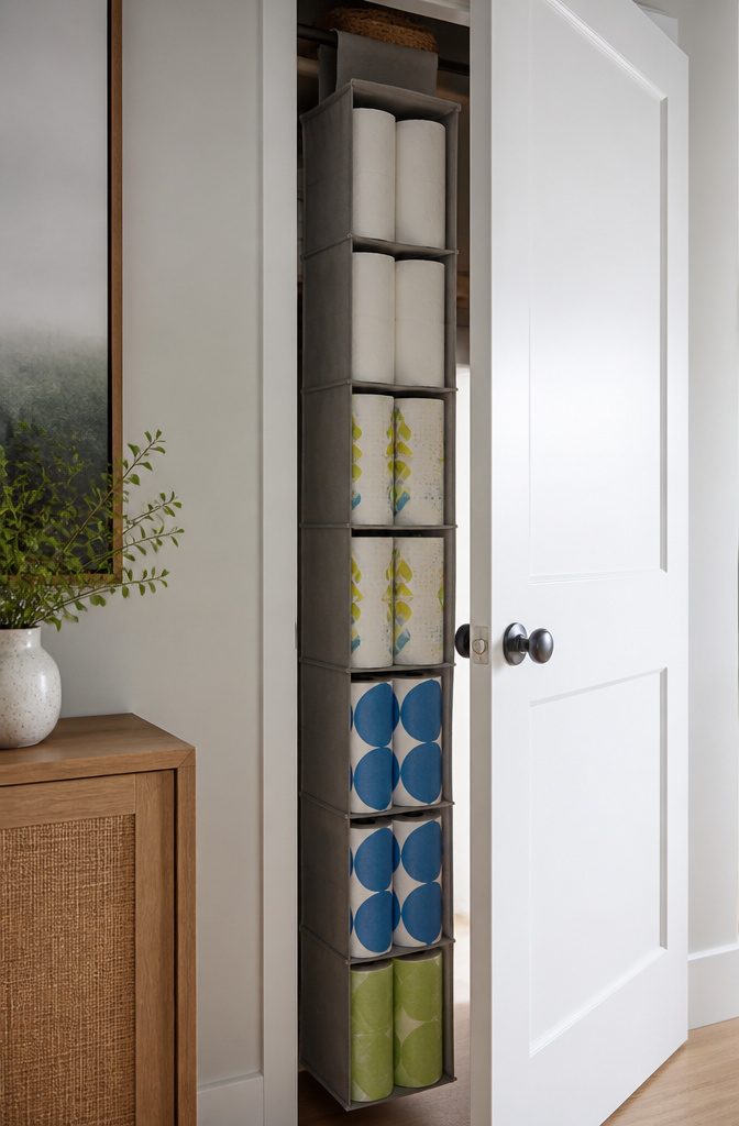 20 Clever Home Storage Ideas for Every Room in 2026 16 Hanging organizer with toilet paper and paper towels in a closet.