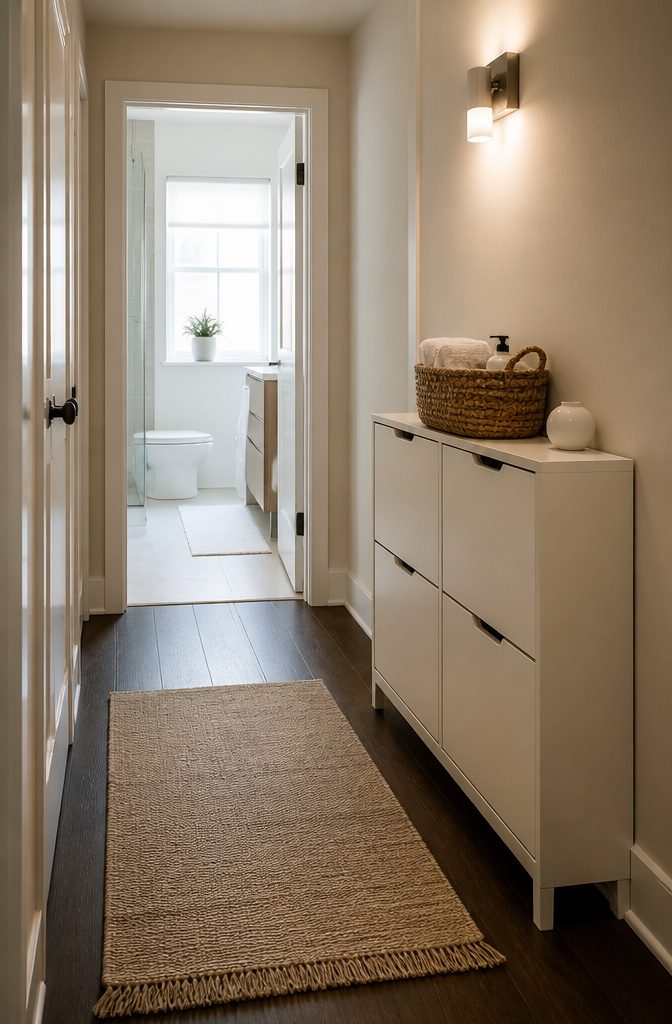 20 Clever Home Storage Ideas for Every Room in 2026 9 IKEA GULLABERG shoe cabinet holding rolled towels in a hallway.