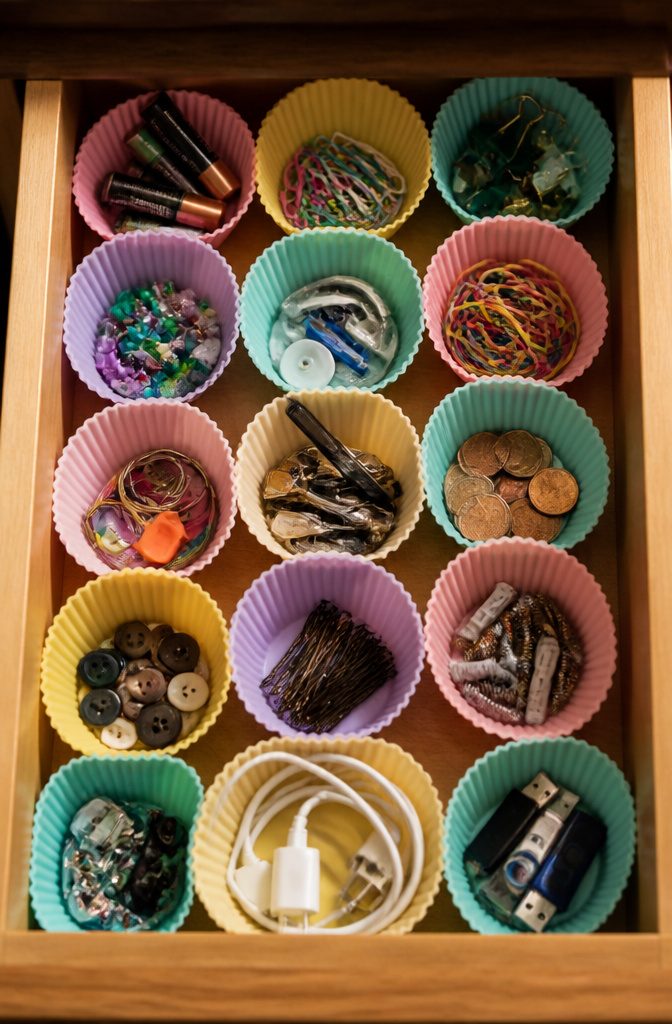 20 Clever Home Storage Ideas for Every Room in 2026 15 Silicone cupcake liners used as dividers in a junk drawer.