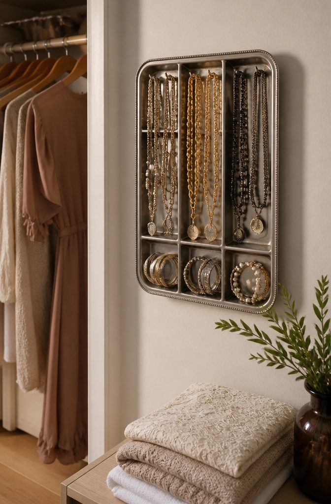 20 Clever Home Storage Ideas for Every Room in 2026 6 A mounted silverware tray holding necklaces and bracelets on a closet wall.