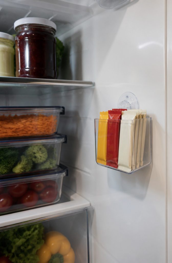 20 Clever Home Storage Ideas for Every Room in 2026 17 Suction-cup holder with condiment packets inside a refrigerator.