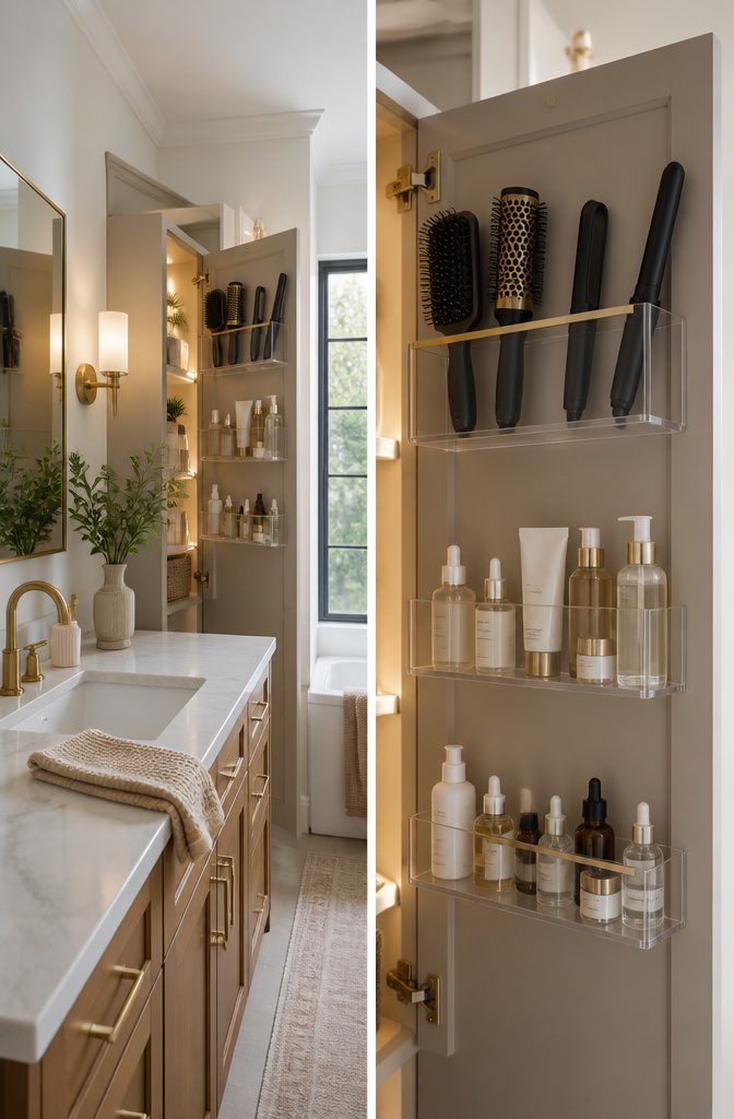 20 Clever Home Storage Ideas for Every Room in 2026 2 Shallow bins mounted on the back of a bathroom cabinet door.
