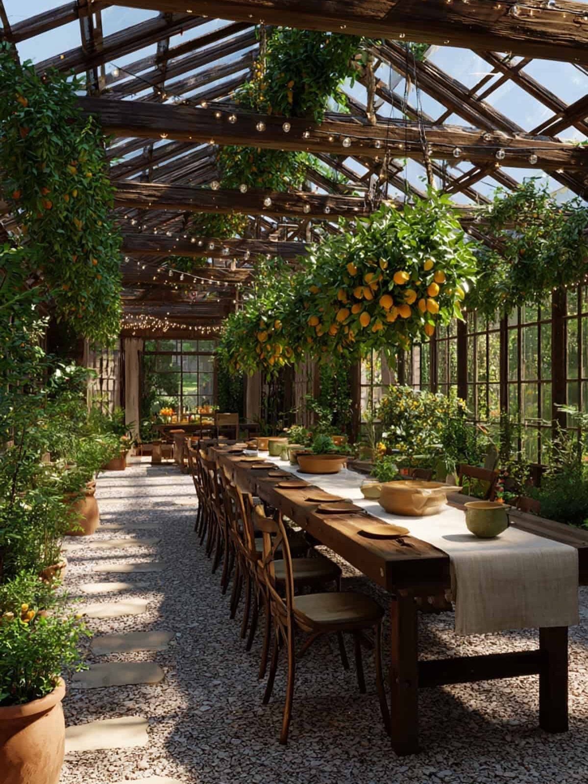 A long wooden dining table set inside a lush, plant-filled greenhouse with hanging citrus trees.