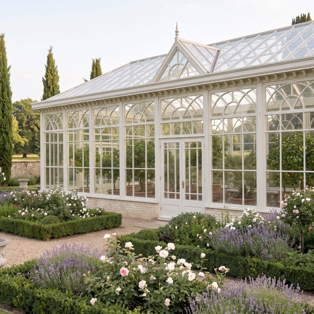 A large white glass greenhouse with arched windows stands amidst a blooming garden of roses and lavender.