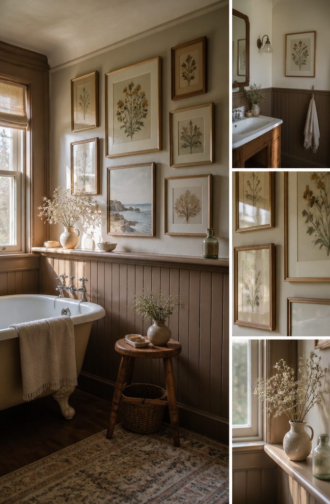 19 Cottage Bathroom Ideas to Inspire a 2026 Refresh 11 Framed art in a bathroom with protective sealing against steam.