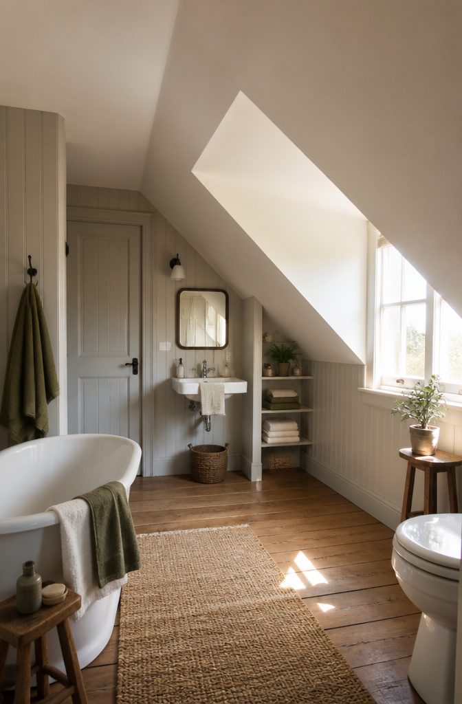 19 Cottage Bathroom Ideas to Inspire a 2026 Refresh 13 A bathroom in an attic with a dormer window and sloped ceiling.