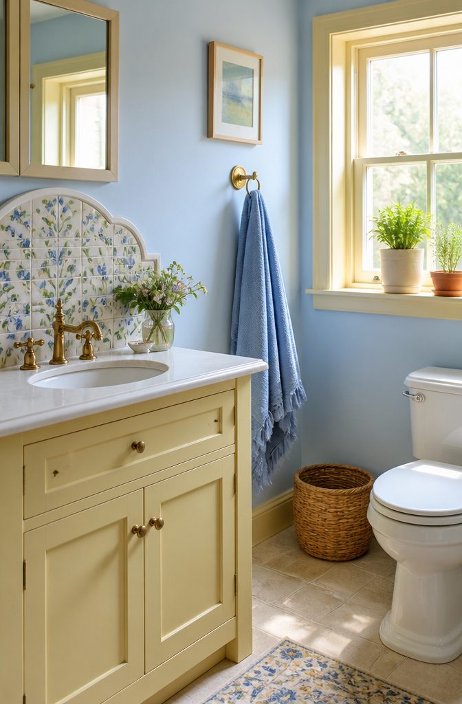 19 Cottage Bathroom Ideas to Inspire a 2026 Refresh 5 A bright bathroom with pale blue walls and yellow accents.