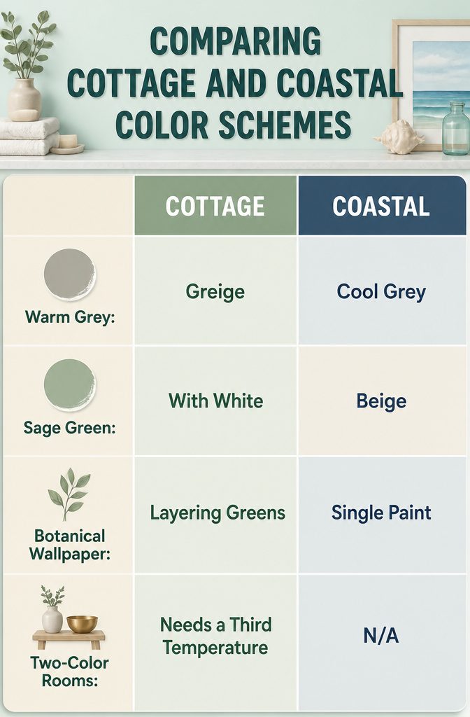 19 Cottage Bathroom Ideas to Inspire a 2026 Refresh 20 A comparison of cottage and coastal color schemes in a bathroom.