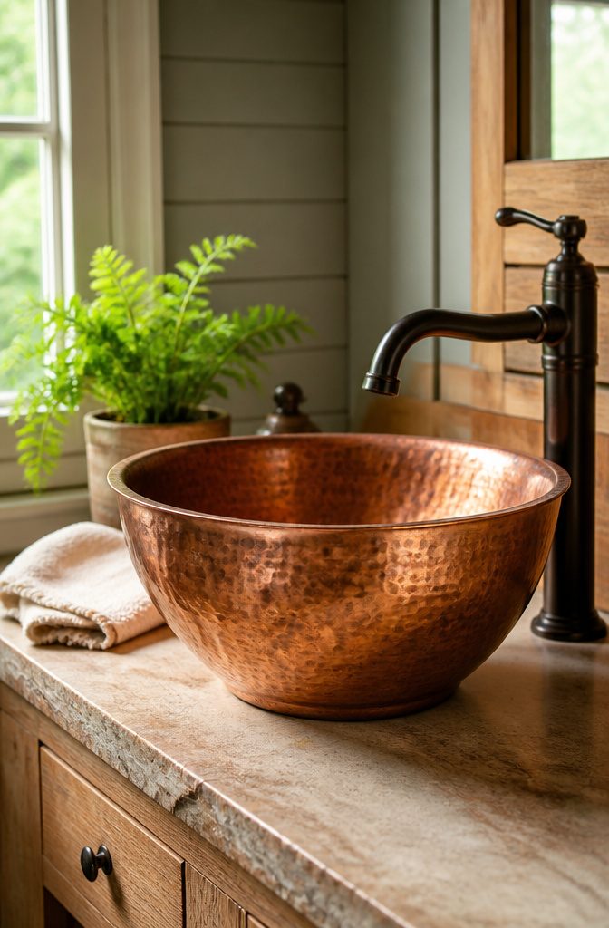 19 Cottage Bathroom Ideas to Inspire a 2026 Refresh 18 A copper basin in a bathroom, showcasing its warm hues.