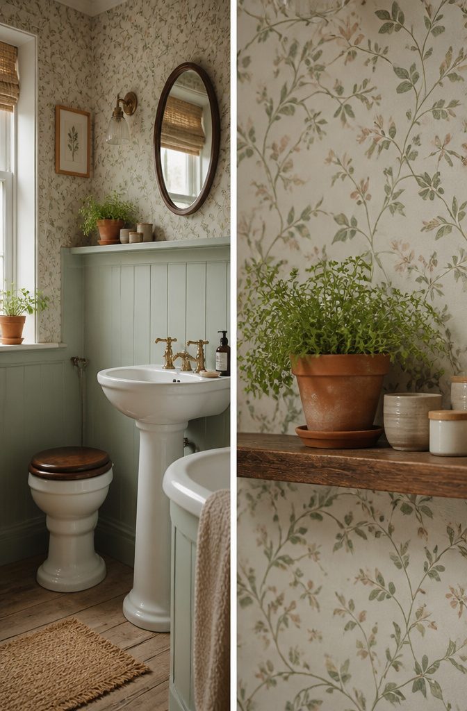19 Cottage Bathroom Ideas to Inspire a 2026 Refresh 16 A bathroom adorned with botanical wallpaper in soft colors.