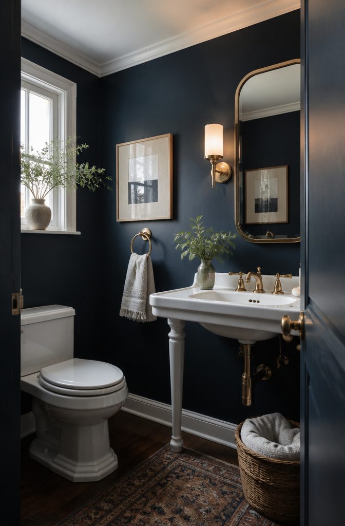 19 Cottage Bathroom Ideas to Inspire a 2026 Refresh 15 A small powder room with deep navy walls and vintage fixtures.