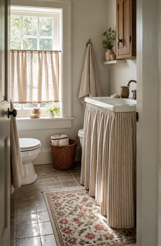 19 Cottage Bathroom Ideas to Inspire a 2026 Refresh 6 A bathroom featuring layered fabrics and a skirted sink base.