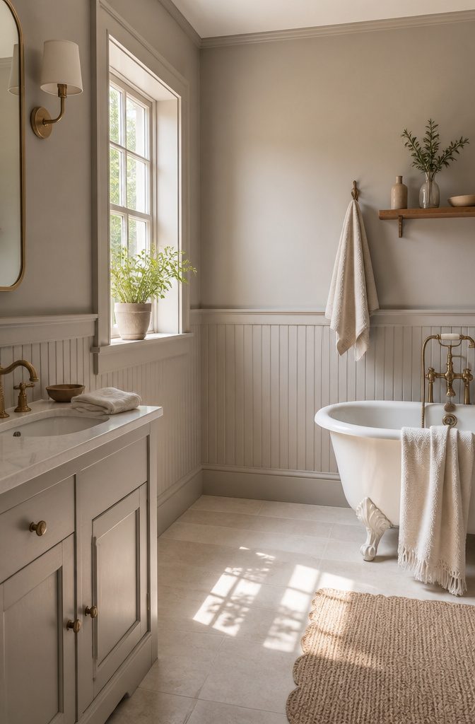 19 Cottage Bathroom Ideas to Inspire a 2026 Refresh 4 A tranquil bathroom with soft greige walls and a putty-colored floor.