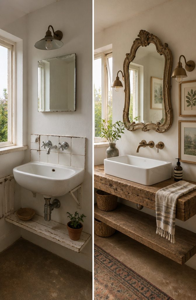 19 Cottage Bathroom Ideas to Inspire a 2026 Refresh 1 A vintage mirror hangs above a ceramic sink in a cottage bathroom.