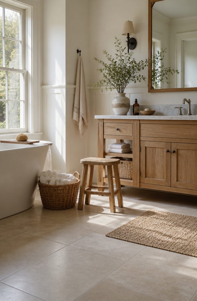 19 Cottage Bathroom Ideas to Inspire a 2026 Refresh 7 Wooden furniture in a bathroom designed to resist humidity.
