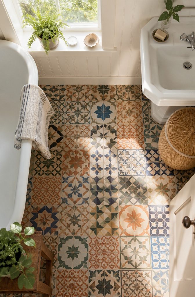 19 Cottage Bathroom Ideas to Inspire a 2026 Refresh 14 A bathroom floor featuring patterned tiles with floral motifs.