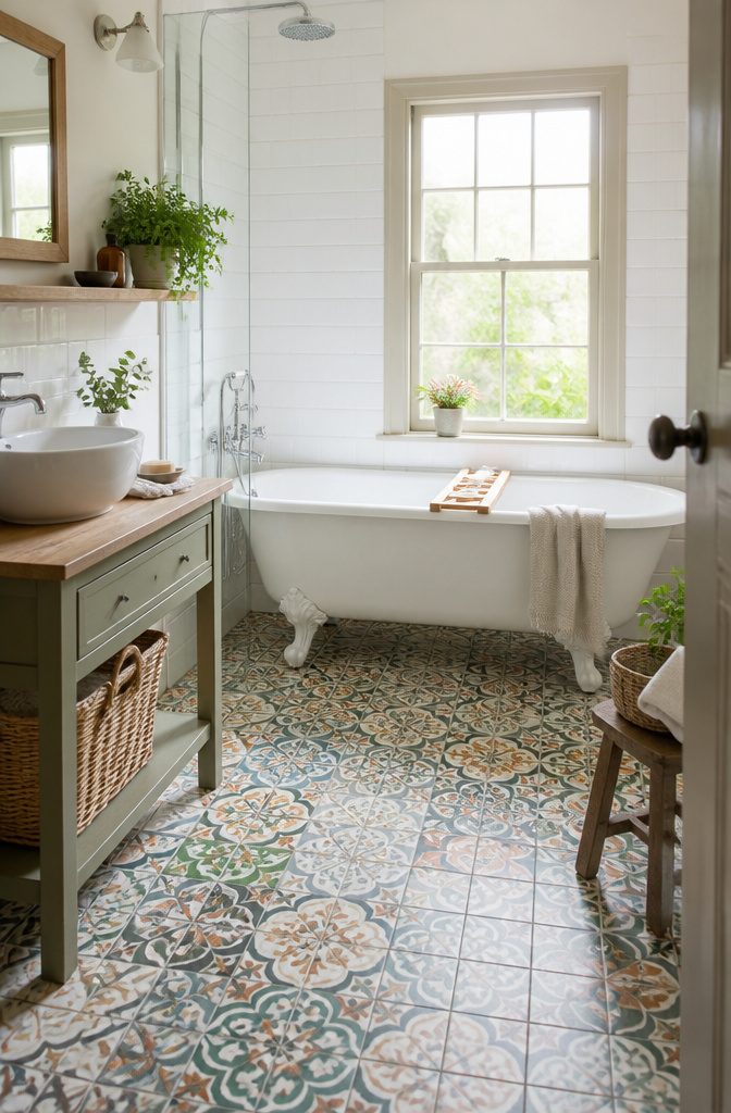 19 Cottage Bathroom Ideas to Inspire a 2026 Refresh 10 A vibrant bathroom floor covered in encaustic-look tiles.