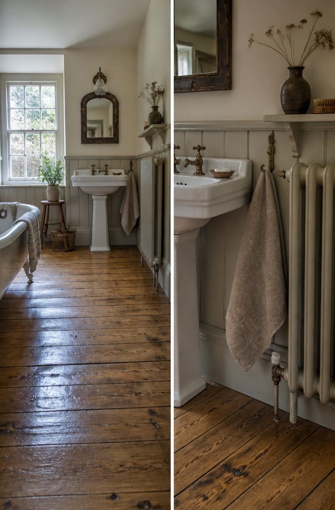 19 Cottage Bathroom Ideas to Inspire a 2026 Refresh 3 A bathroom with exposed floorboards showcasing original wood grain.
