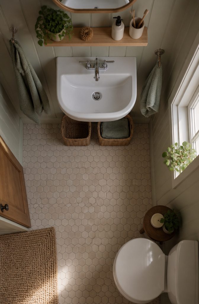 19 Cottage Bathroom Ideas to Inspire a 2026 Refresh 8 A small bathroom with a wall-mounted sink and narrow shelf.