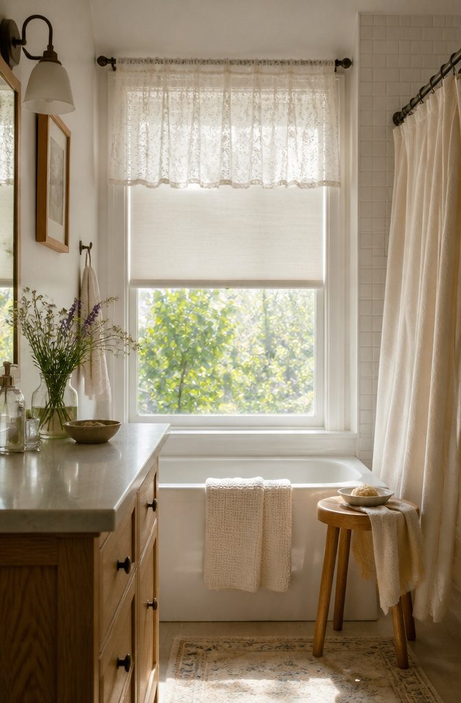 19 Cottage Bathroom Ideas to Inspire a 2026 Refresh 17 A bathroom with layered window treatments for style and privacy.