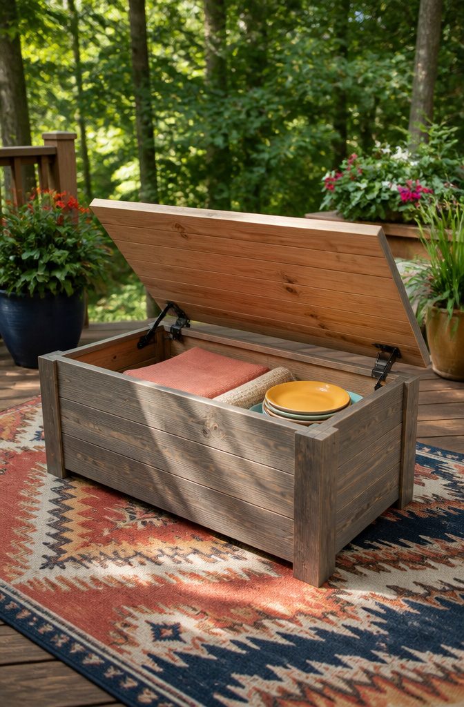 A coffee table with a raised lid showing storage space underneath.