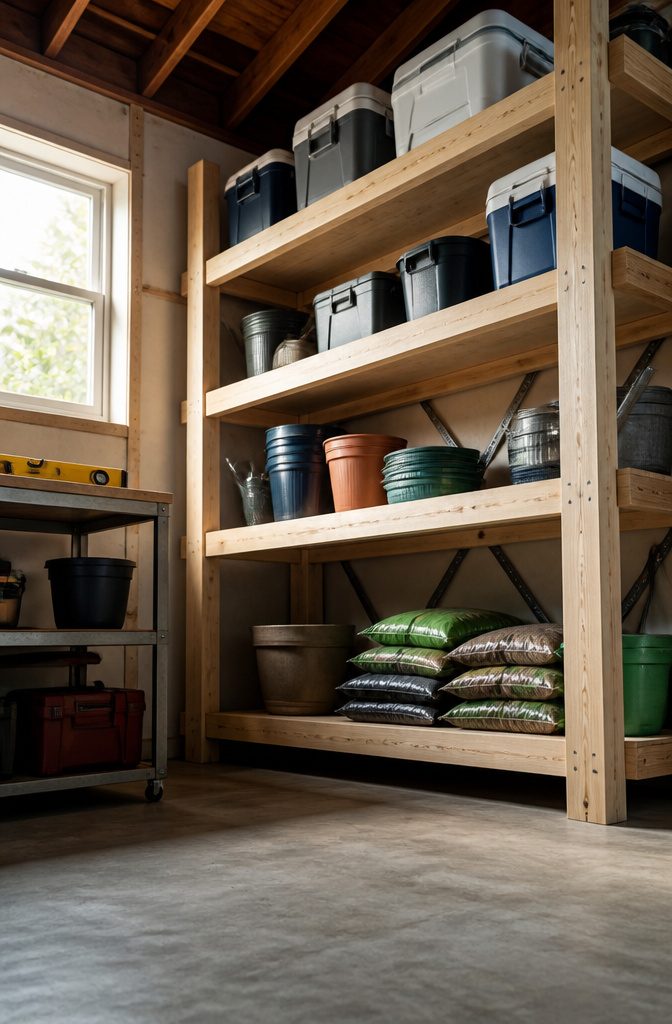 Sturdy wooden shelves holding heavy items in a storage area.