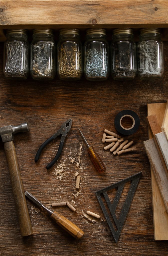 Mason jars attached to a shelf for organizing small hardware.