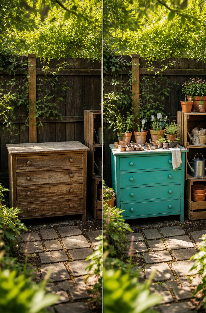 A painted dresser used for potting plants with tools and seed packets.