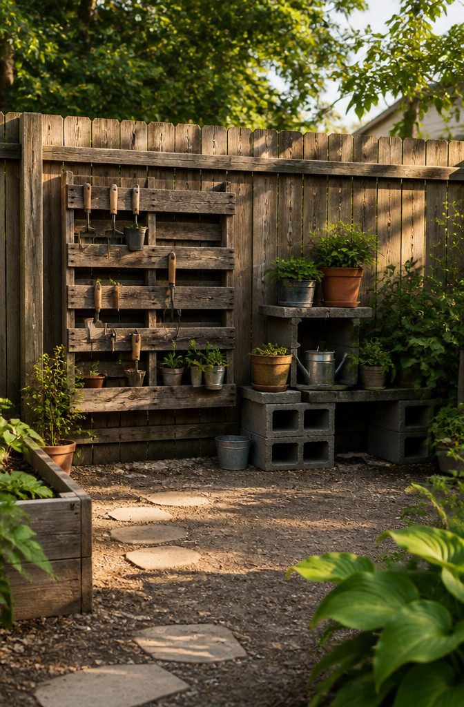 Wooden pallets and cinder blocks used for vertical storage.