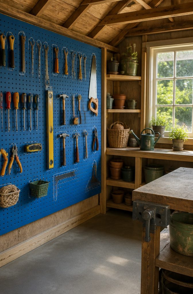 A pegboard displaying various tools with outlines for organization.