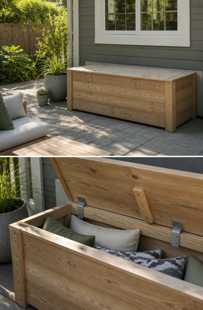 A storage bench constructed from wood with a hinged lid.