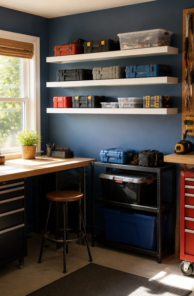 Narrow white shelves filled with tools and parts in a garage.
