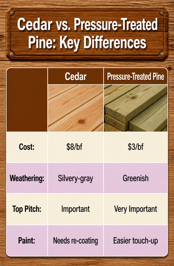 A comparison of cedar and pressure-treated pine for outdoor use.