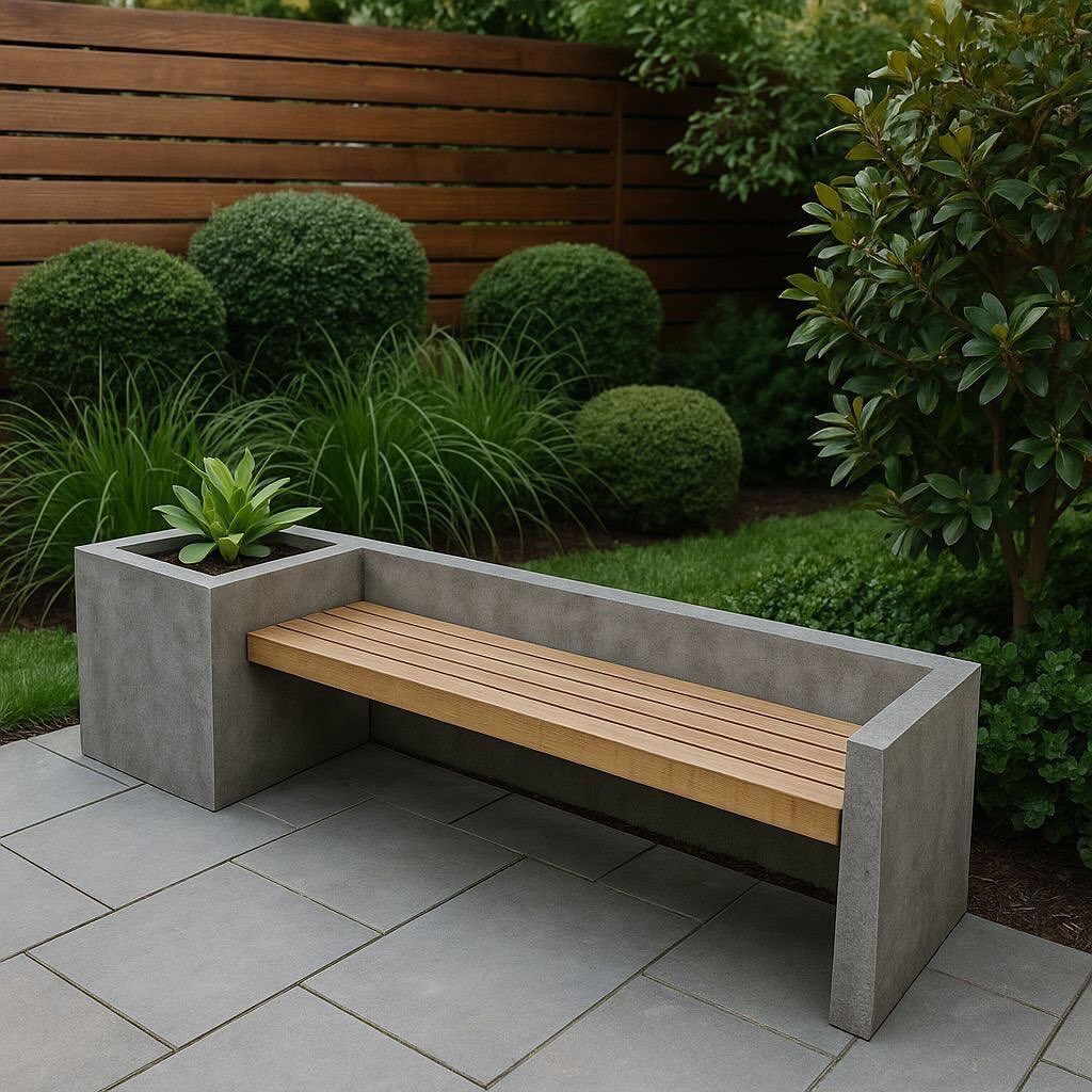DIY Garden Bench: 8 Plans from Classic Backrests to Cinder Block Builds 7 A modern concrete garden bench with wooden slats and a built-in planter on a stone patio.