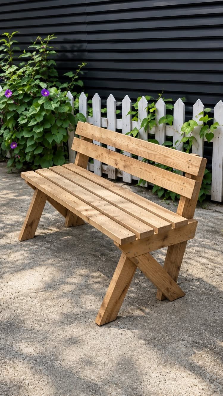 DIY Garden Bench: 8 Plans from Classic Backrests to Cinder Block Builds 2 A wooden garden bench with a slatted backrest sits on gravel near a white picket fence.