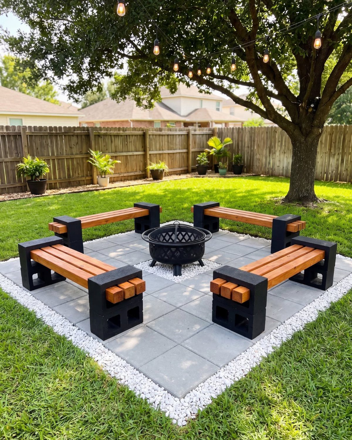 9 DIY Outdoor Furniture Ideas: Pallet Tables to Adirondack Chairs 3 Four wooden benches with black bases arranged around a fire pit on a stone patio.