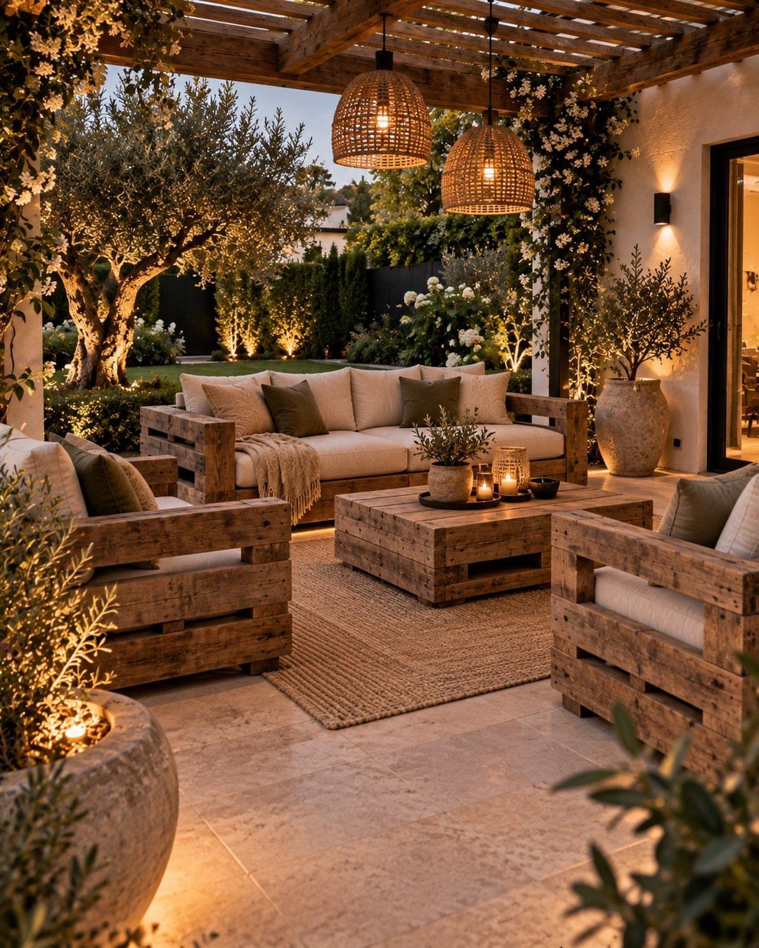 9 DIY Outdoor Furniture Ideas: Pallet Tables to Adirondack Chairs 8 Wooden pallet furniture set with cushions arranged on a patio under a pergola with warm lighting.