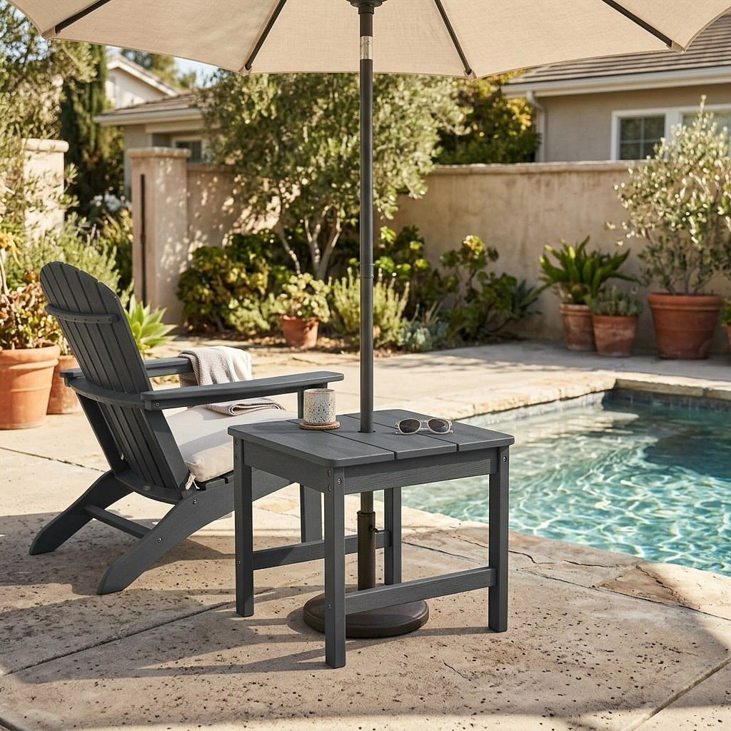 9 DIY Outdoor Furniture Ideas: Pallet Tables to Adirondack Chairs 4 A grey wooden side table with an integrated umbrella pole next to a pool.