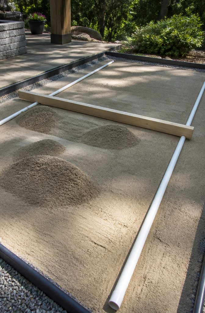 Light-colored mason sand being leveled on a gravel base.