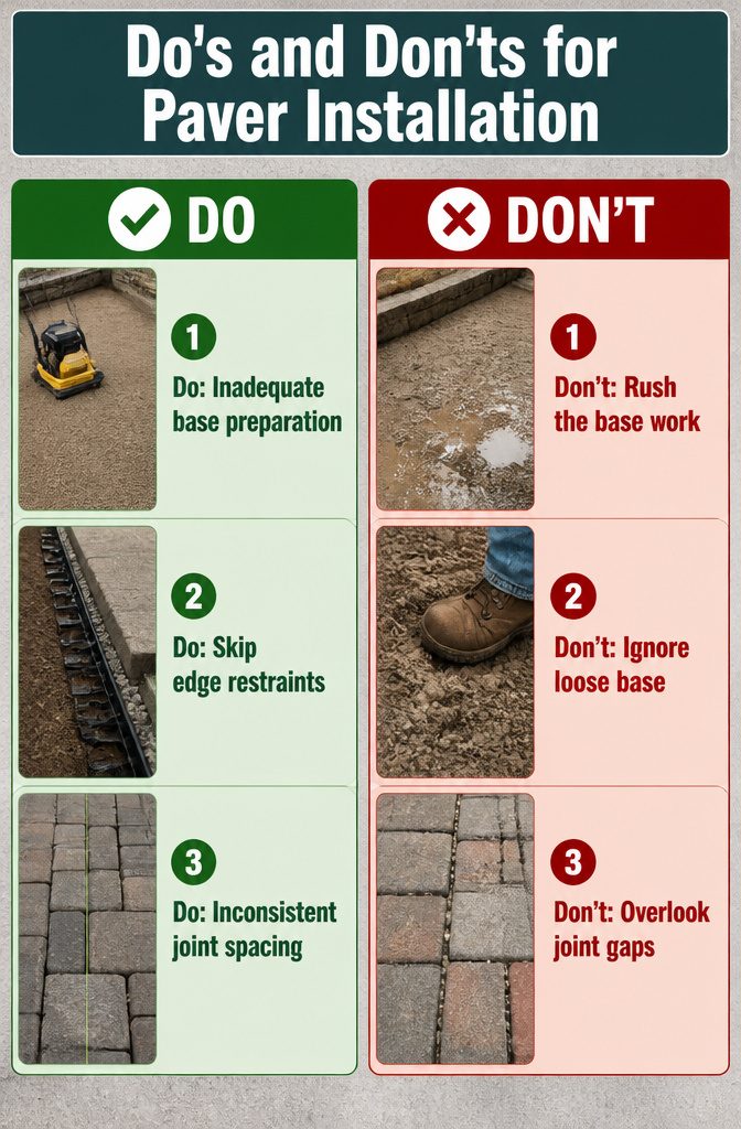 A graphic illustrating do's and don'ts for paver installation.